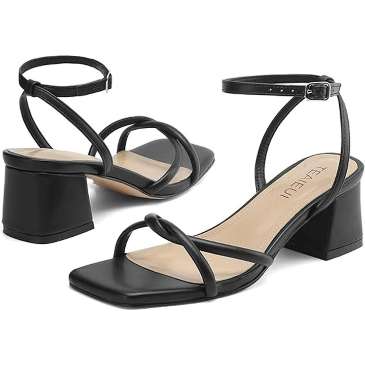 New Teaieui Womens Size 6.5 Black Open Toe 2.5" Block Heel Ankle Strap Shoes