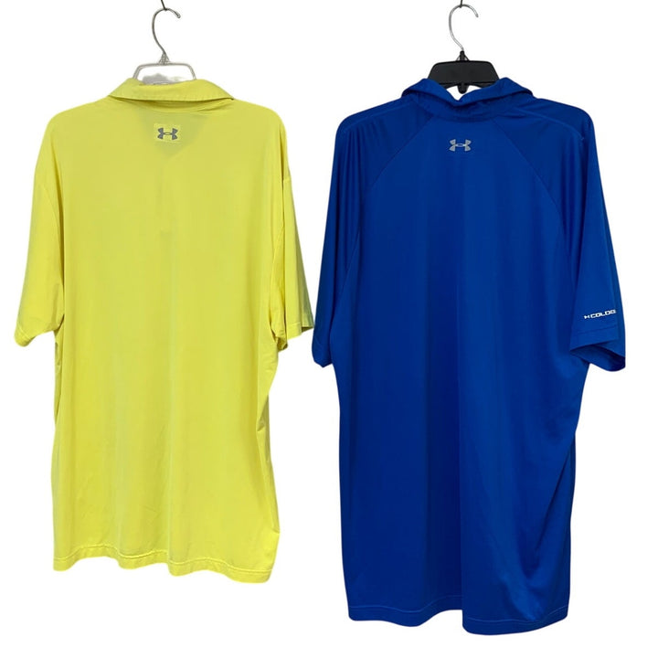 2 Under Armour Mens XL Blue Yellow Loose Heat Gear Short Sleeve Polo Shirts EUC