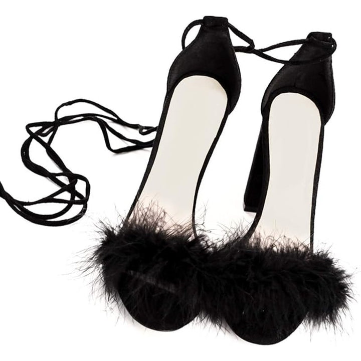 Richealnana Womens 5.5 Black Faux Suede Artificial Fur Feather 4.5" Heel Shoes