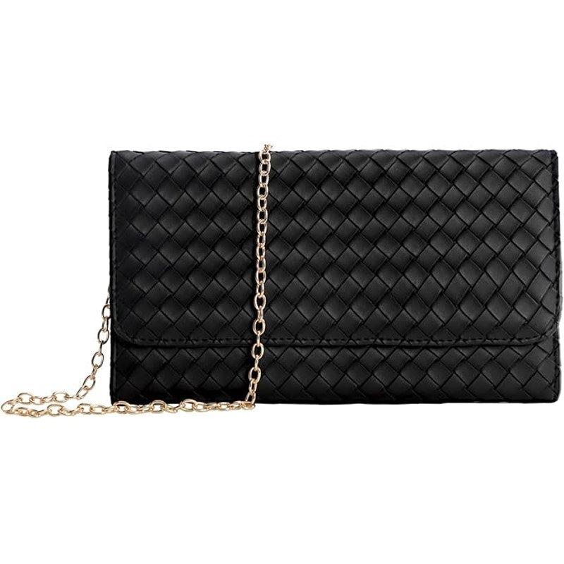 U+U Womens Black Faux Leather Woven Removeable Chain Crossbody Purse Bag