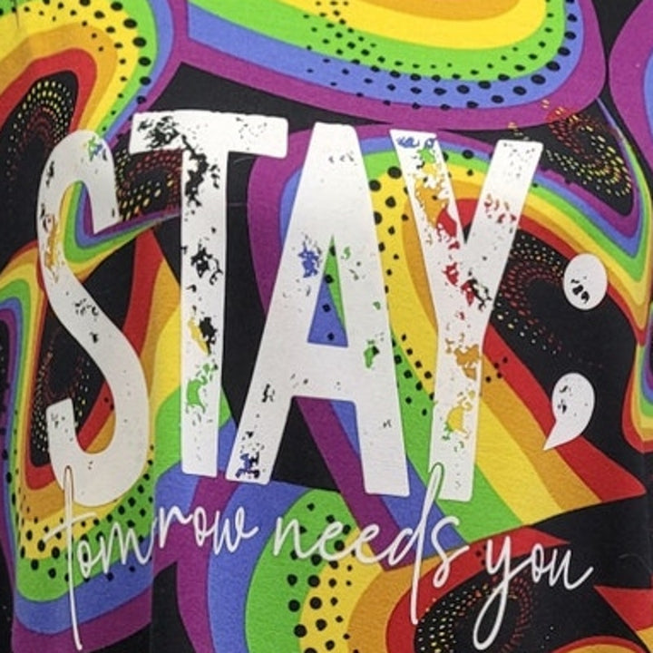 Hand Printed Upcycled Womens XS Stay Tomorrow Needs You Rainbow Swirl Tee Shirt