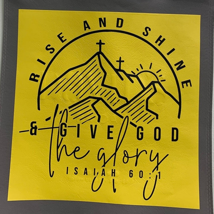 New Upcycled Hand Printed Rise &amp; Shine Give God Glory Isaiah 60:1 Tote Bag