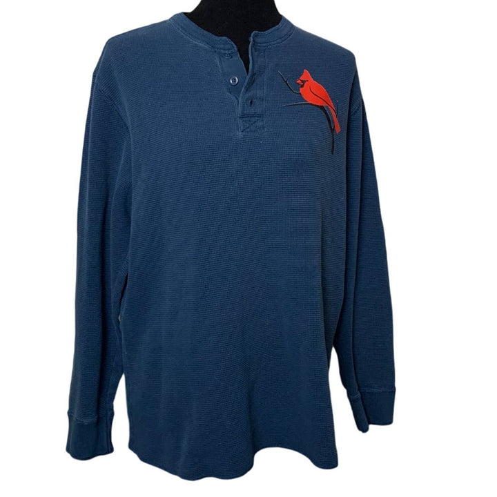 Hand Printed Upcycled Medium Cardinal Long Sleeve 100% Cotton Waffled Henley Top