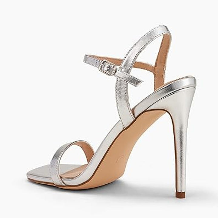 Elisabet Tang Womens Size 8 Shiny Silver 4" High Heel Ankle Strap Sandals Shoes