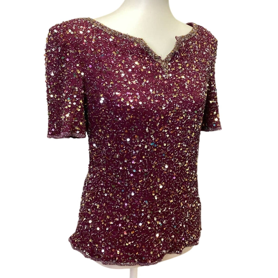 Scala Womens Size XL Wine Red Silk Zip Up V-Neck Fully Lined Formal Sequin Top