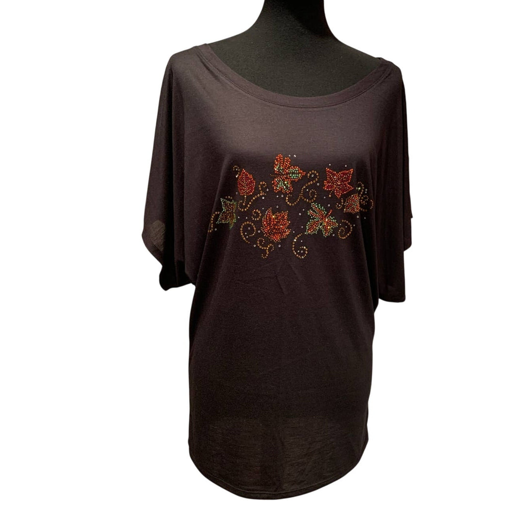 New Alley Design Group Rhinestone Autumn Leaves Black Batwing Dolman Blouse Top