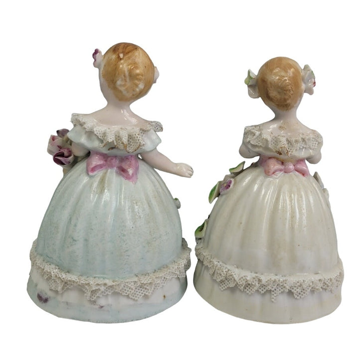 Pair of Vintage Collectible Ceramic Victorian Blonde Girls in Floral Dresses