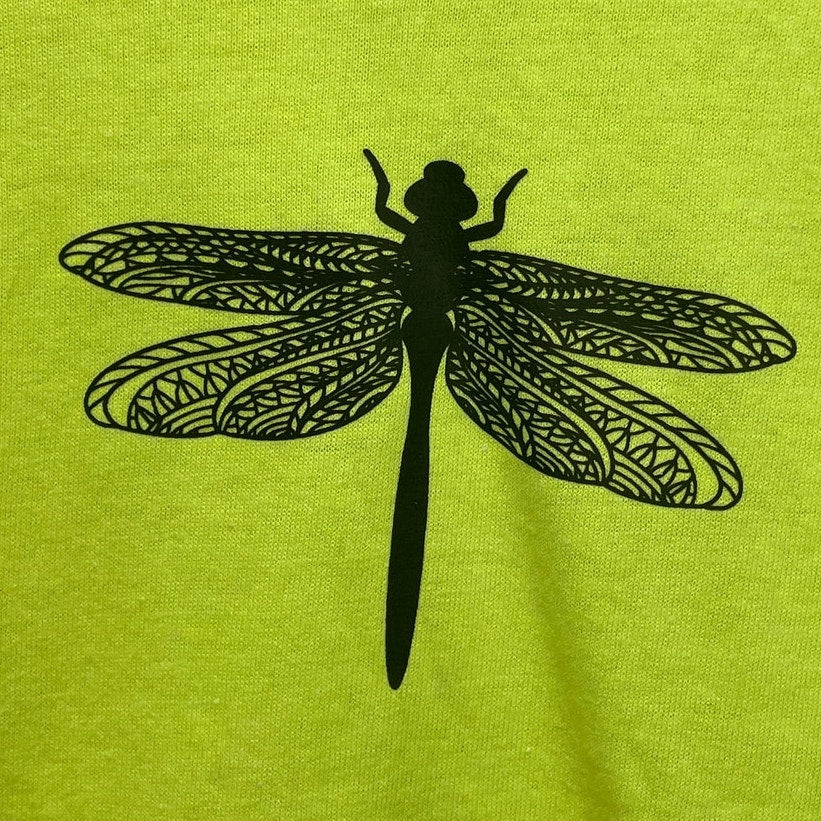 Hand Printed Upcycled Kids Medium Dragonfly Neon Yellow Short Sleeve Tee Shirt