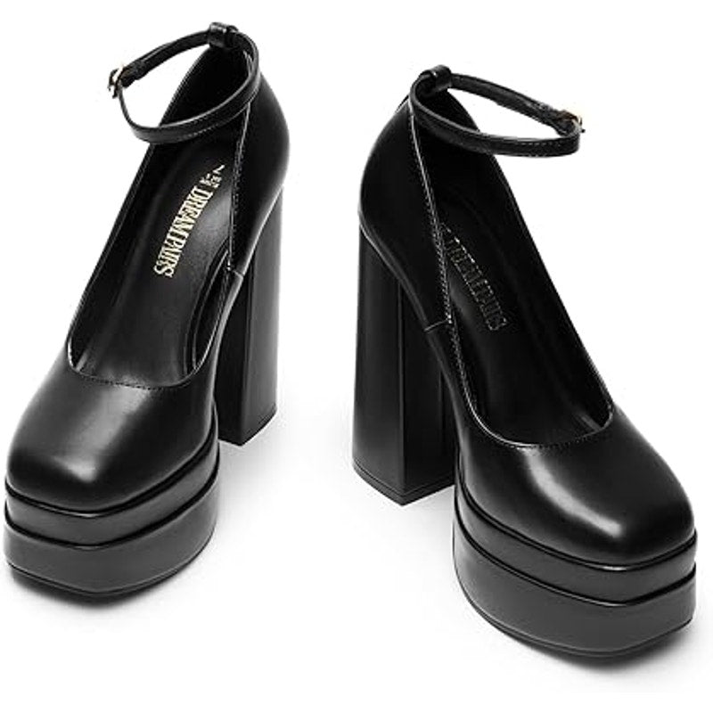 Dream Pairs Womens 8.5 Black 5.5" Platform Heel Closed Toe Ankle Strap Shoes