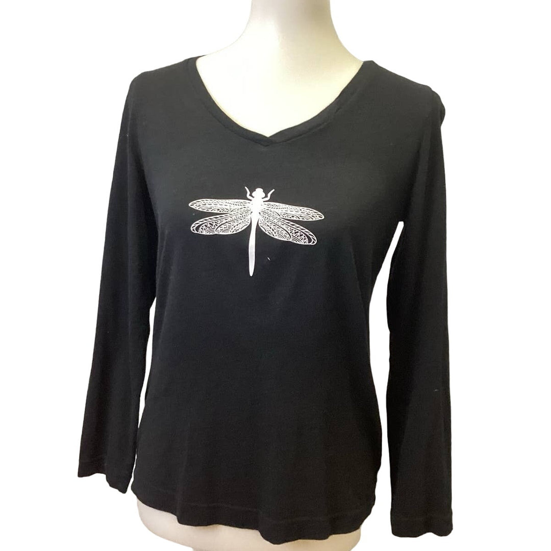 Hand Printed Upcycled Small Dragonfly V Neck 100% Cotton Long Sleeve Tee Shirt