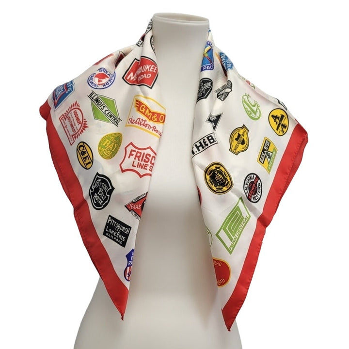 Vintage 100% Acetate Charles Products Japan Railroad Train Logo Fashion Scarf