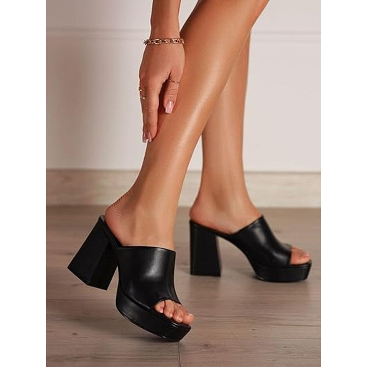Coutgo Womens Size 7.5 Black Faux Leather 4" Platform Peep Toe Mule Sandal Shoes