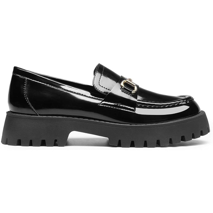 New Dream Pairs Womens 7.5 Black Faux Leather GOLD Buckle Platform Loafer Shoes