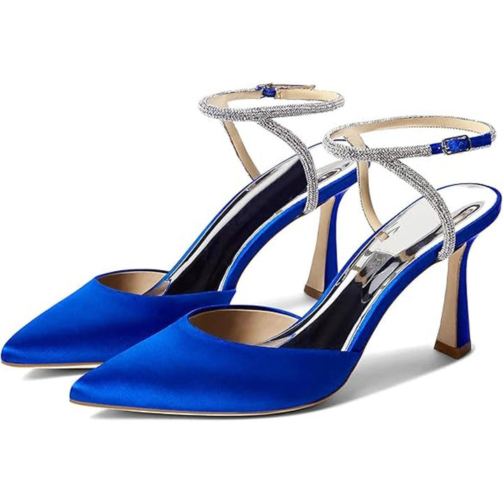 Coutgo Womens Size 8.5 Royal Blue Satin 3.5" Heel Closed Toe Ankle Strap Shoes