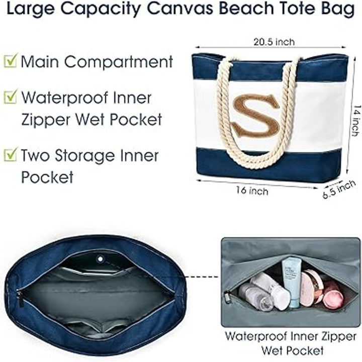 New Becokan S Initial Navy White Stripe Canvas Waterproof Zipper Beach Tote Bag