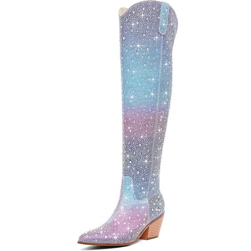 Ronilurn Womens Size 6.5 Rainbow Blue Pink Rhinestone Over the Knee Cowboy Boots2