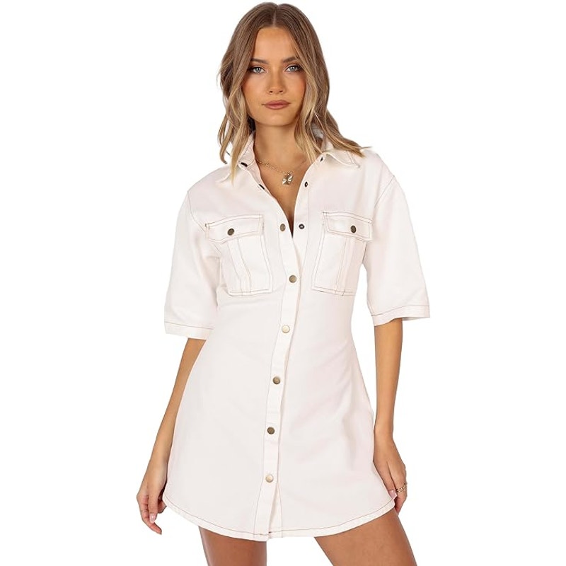 Petal &amp; Pup Womens Size 4 White Hailey Short Sleeve Snap Up Denim Mini Dress