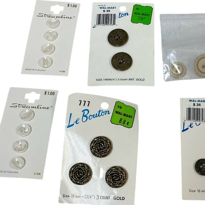 Vintage Lot of New Carded Small Round Brown White Metal Plastic Wooden Buttons