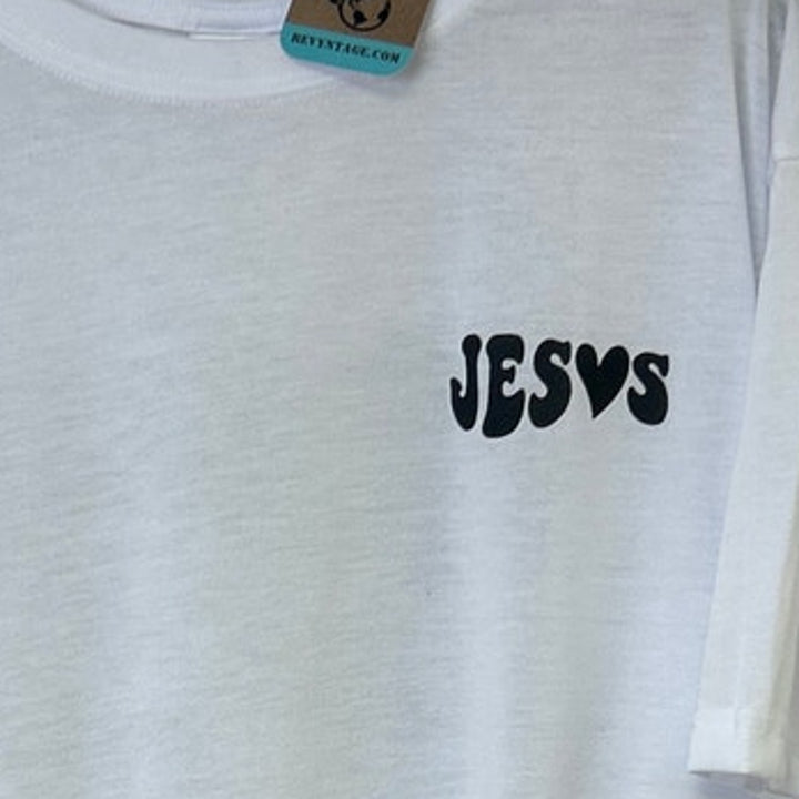 New Hand Printed Mens 3XL White Jesus Has My Back Short Sleeve Crew Tee Shirt