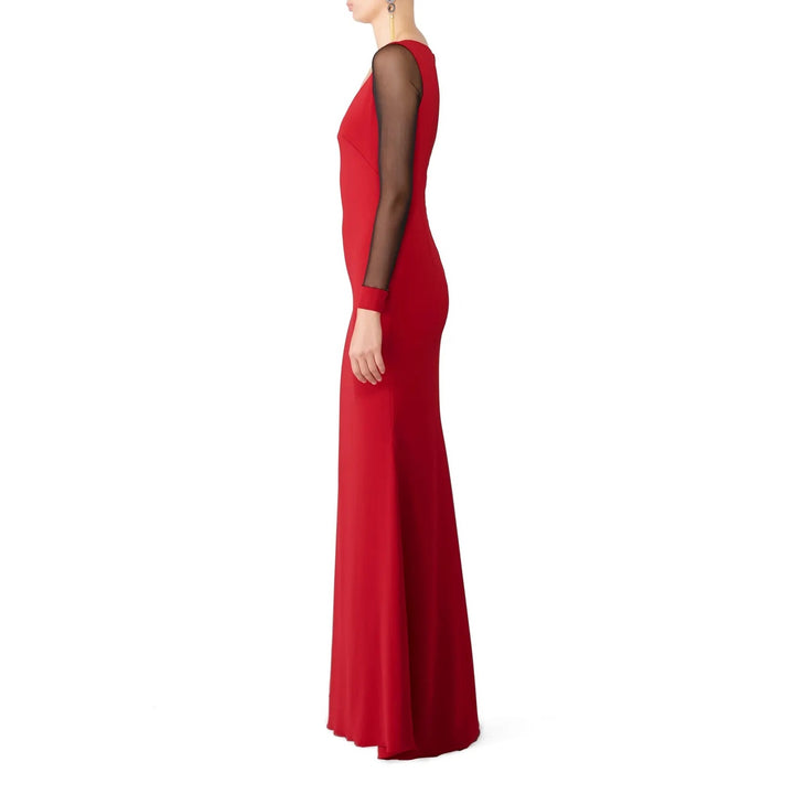 Badgley Mischka Women Size 4 Long Red Black Ruby Illusion Long Sleeve Gown Dress