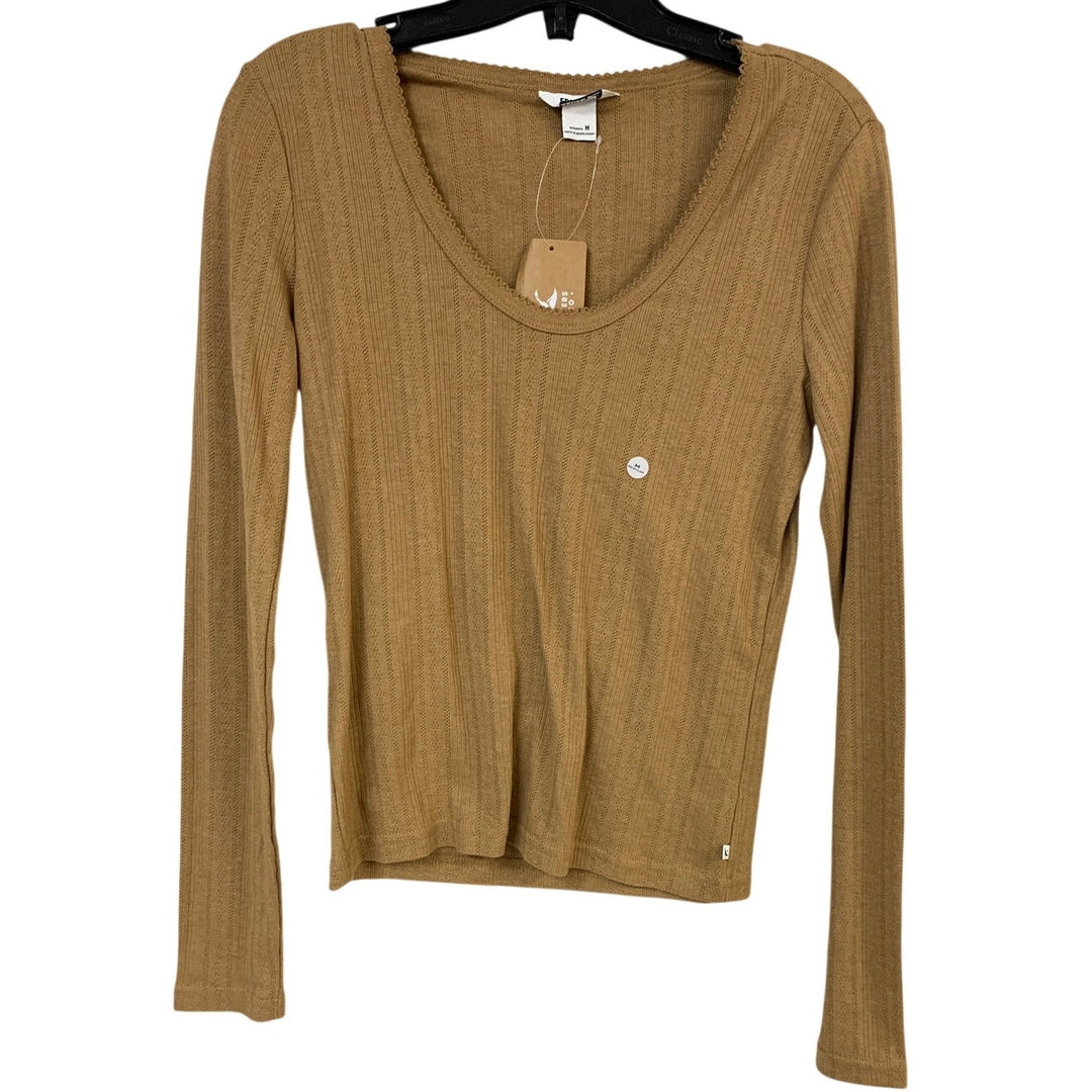 New Eddie Bauer Womens Camel Brown Perfect Pointelle Long Sleeve PolyCotton Top