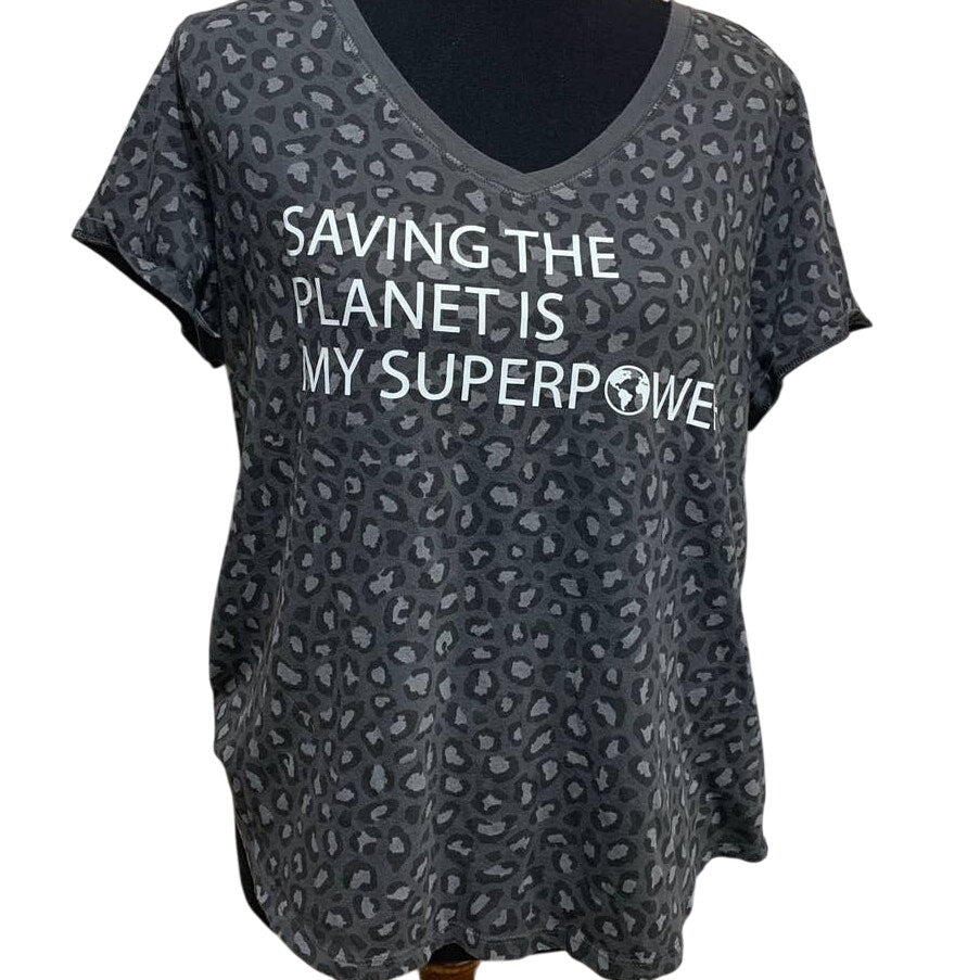 Hand Printed Upcycled Womens XL Leopard Print Saving the Planet Superpower Tee
