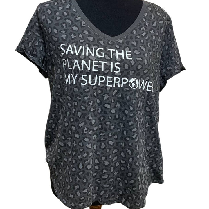 Hand Printed Upcycled Womens XL Leopard Print Saving the Planet Superpower Tee