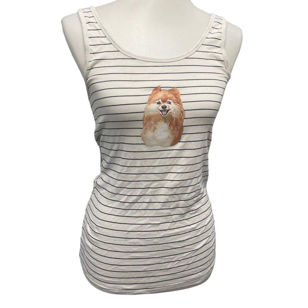 Hand Printed Upcycled Womens Large Pomeranian Puppy Dog Striped Tank Top