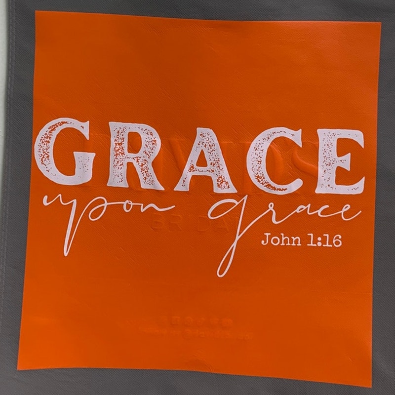 New Upcycled Hand Printed Grace Upon Grace John 1:16 Bible Quote Tote Bag