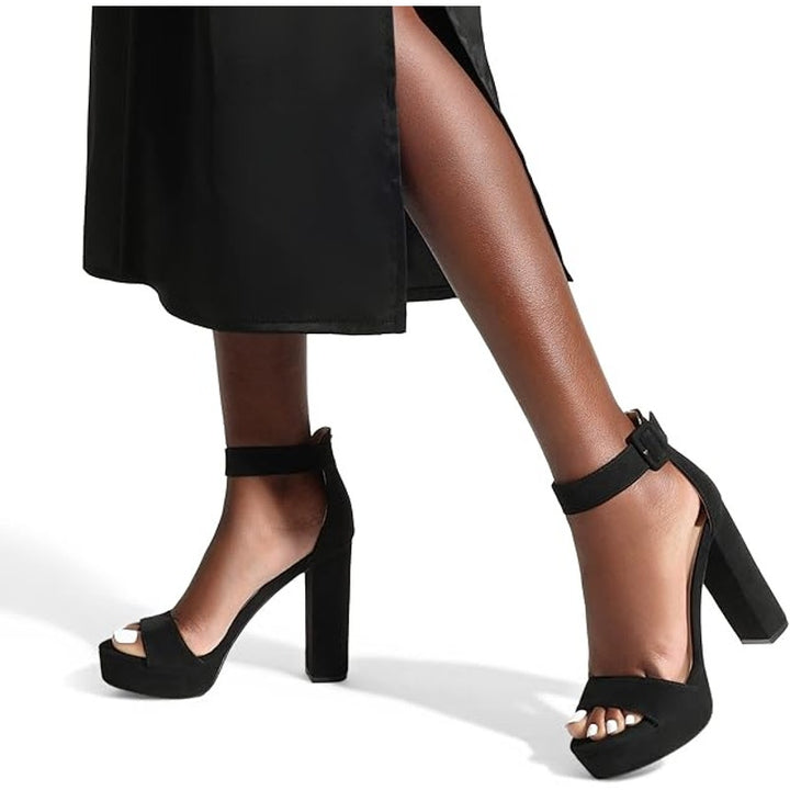 Dream Pairs Womens Size 9.5 Black 5" Heel Ankle Strap Faux Suede Platform Pumps