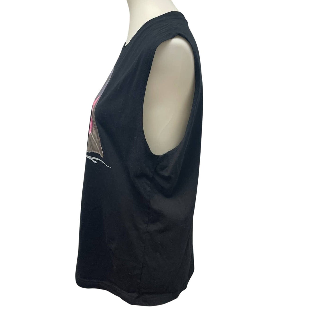 Upcycled Hand Printed Womens Large Pink Robin Sleeveless Cotton Long Tank Top