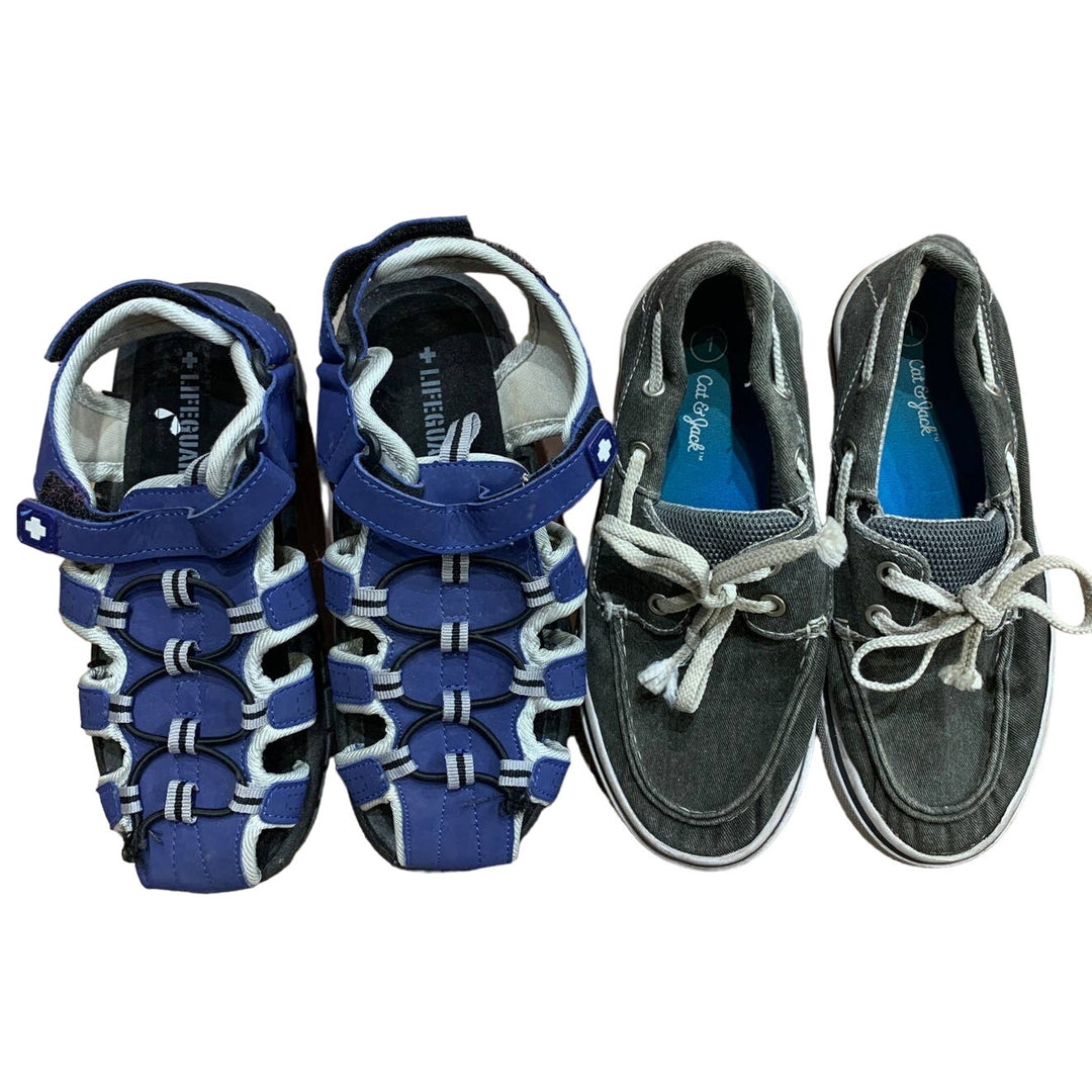 2 Pairs Boys Size 1 Cat &amp; Jack Lifeguard Swim Sandals Boat Loafer Slip on Shoes
