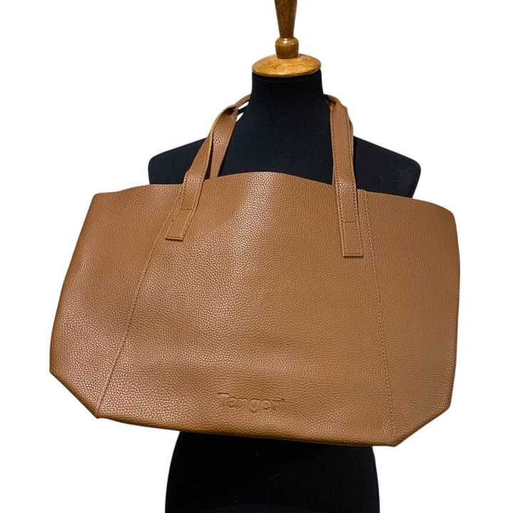 Nice Tanger Basic Cognac Brown Faux Pebbled Leather PVC Large Handbag w Tassel