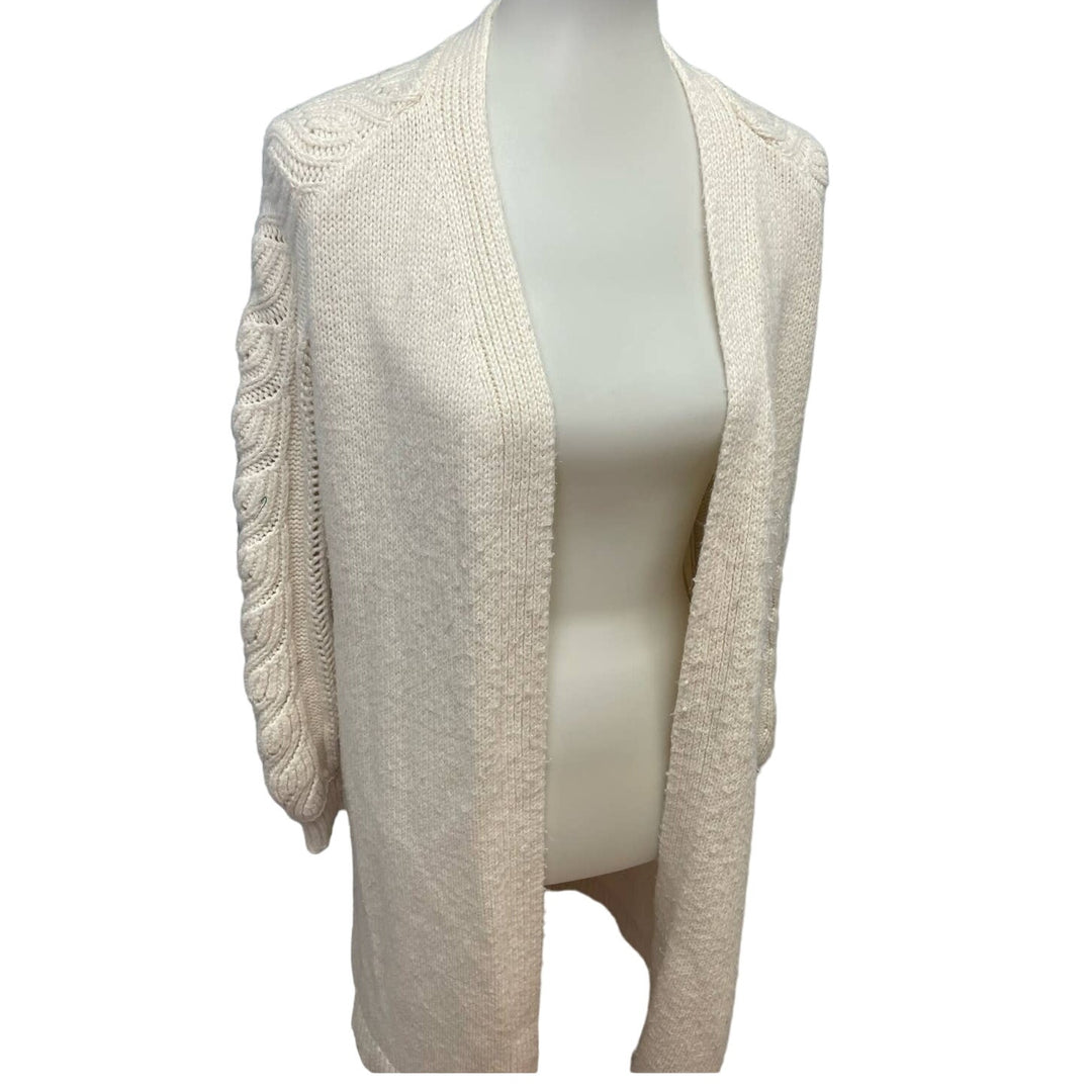 Ann Taylor Small Cotton Blend Long Open Front Cable Knit Cream Cardigan Sweater