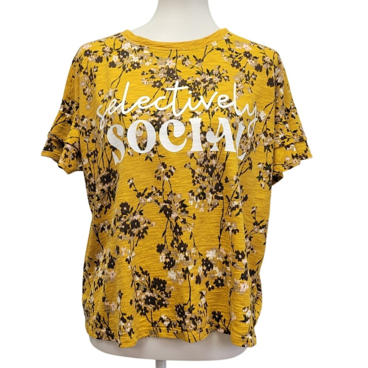 Hand Printed Upcycled Womens Large Selectively Social Floral Tee Shirt Top