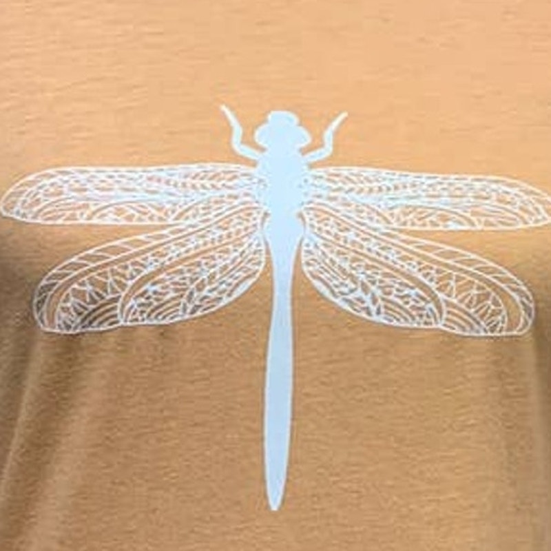 New Hand Printed Womens Medium Dragonfly Short Sleeve Cotton Blend Crew Neck Tee