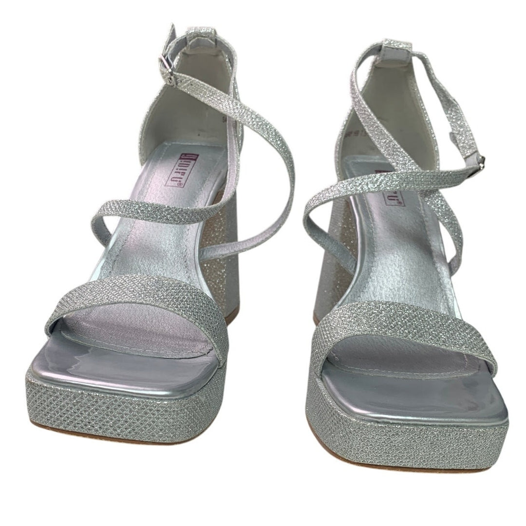 Idifu Womens 7.5 Silver Gillter Open Toe 4" Block Heel Ankle Strap Sandal Shoes