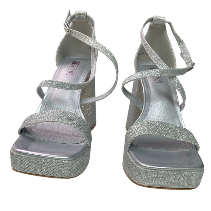 Idifu Womens 7.5 Silver Gillter Open Toe 4" Block Heel Ankle Strap Sandal Shoes
