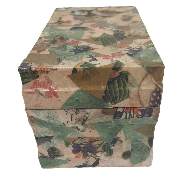 Vintage Handmade Paper Mache Floral Feathers Hinged Cardboard Box