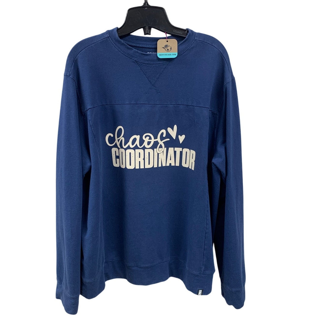 Upcycled Hand Printed Womens XL Chaos Coordinator Long Sleeve Blue Sweathshirt