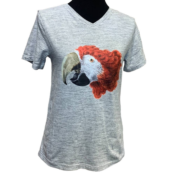 Upcycled Hand Printed Large Red Macaw Parrot Ukraine Artist Fundraiser Bird Tee