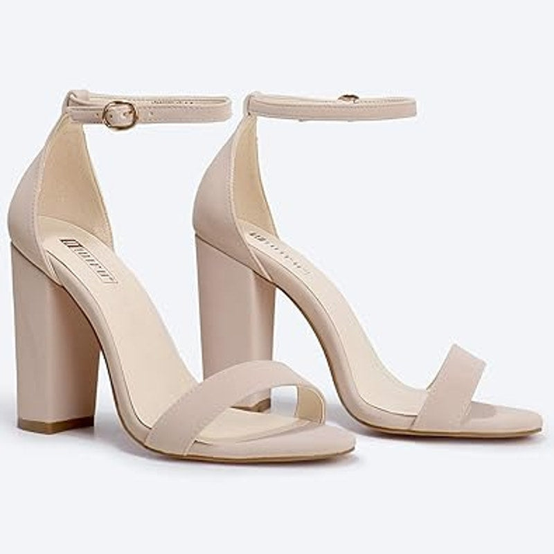 Idifu Womens Size 9 Nude Tan Open Toe Ankle Strap 3" Chunky Heel Sandal Shoes