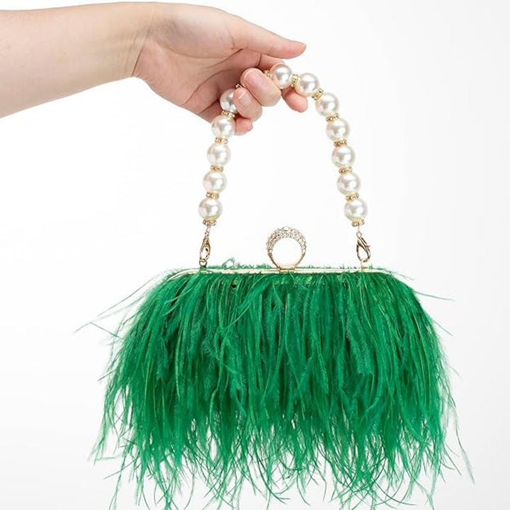 New Green Real Natural Ostrich Feather Pearl or Longer Handle Evening Bag Purse