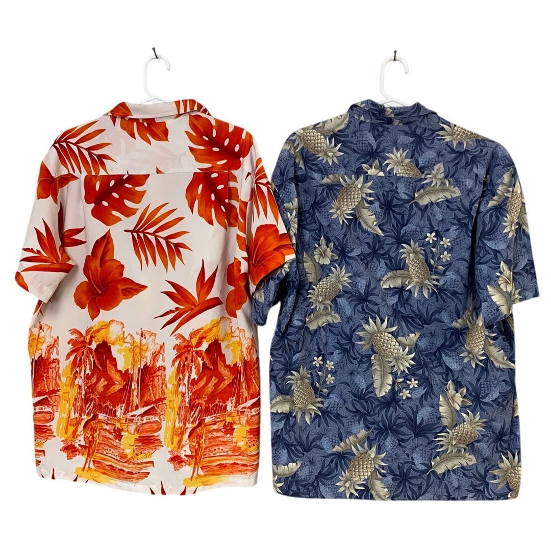 Lot of 2 Kennington Campia Mens Large Orange Floral Pineapple Button Up Shirts