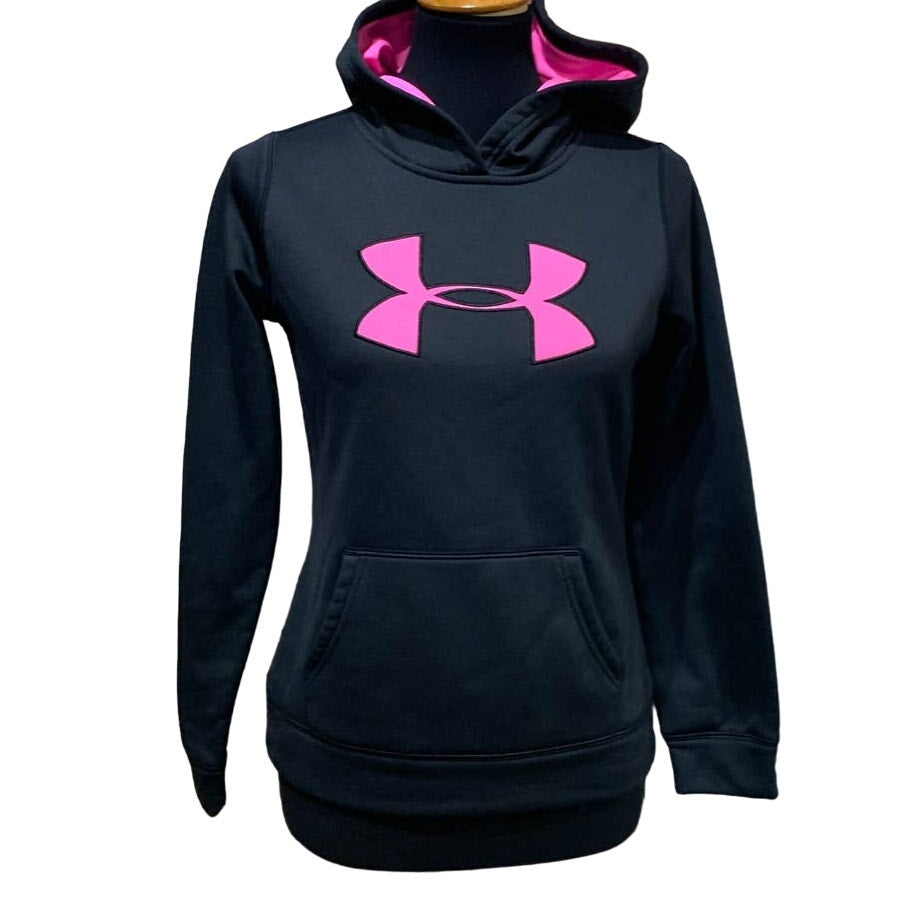 Under Armour Youth Large Cold Gear Black Pink Athletic Hoodie Sweatshirt Pocket