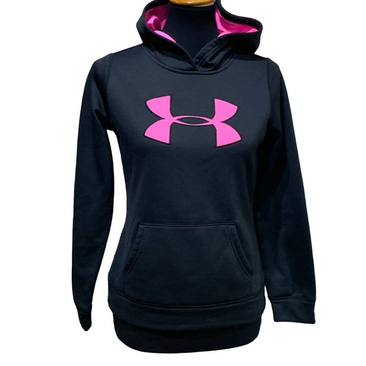 Under Armour Youth Large Cold Gear Black Pink Athletic Hoodie Sweatshirt Pocket