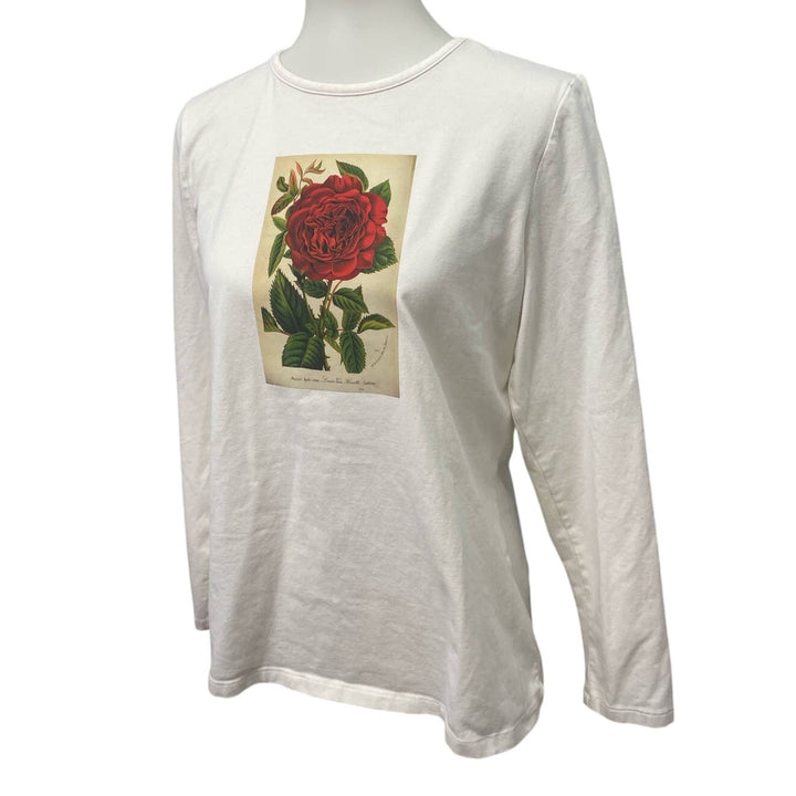 Hand Printed Upcycled Womens Small Vintage Book Page Red Rose Flower Tee Shirt