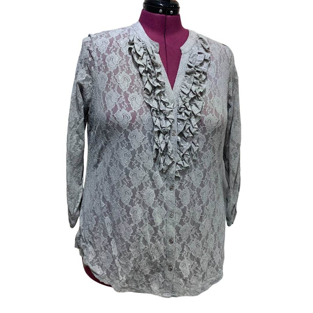 Style &amp; Co Woman 1X Lacy Sheer Ruffled Front 3/4 Sleeve Button Down Blouse Top