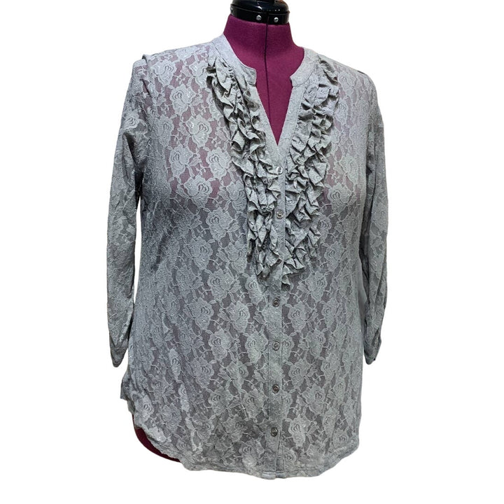 Style &amp; Co Woman 1X Lacy Sheer Ruffled Front 3/4 Sleeve Button Down Blouse Top