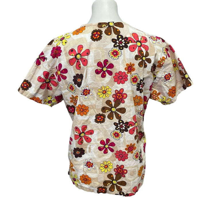 Peaches Medium Cotton Blend V-Neck Fall Orange Floral Short Sleeve Scrub Top